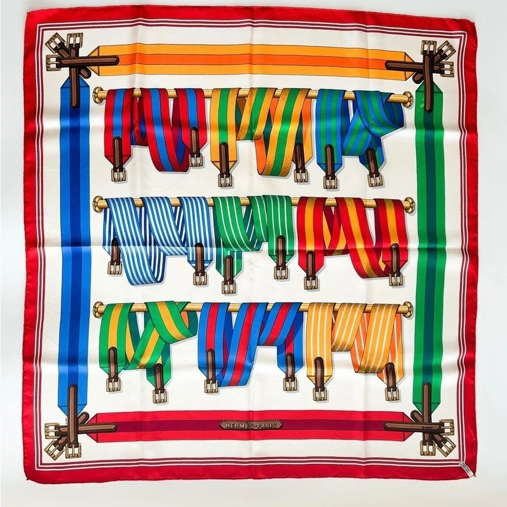 HERMES Paris Authentic 100% Silk Carre 90 J. Metz Les Sangles Rare Red Border - Picture 15 of 16